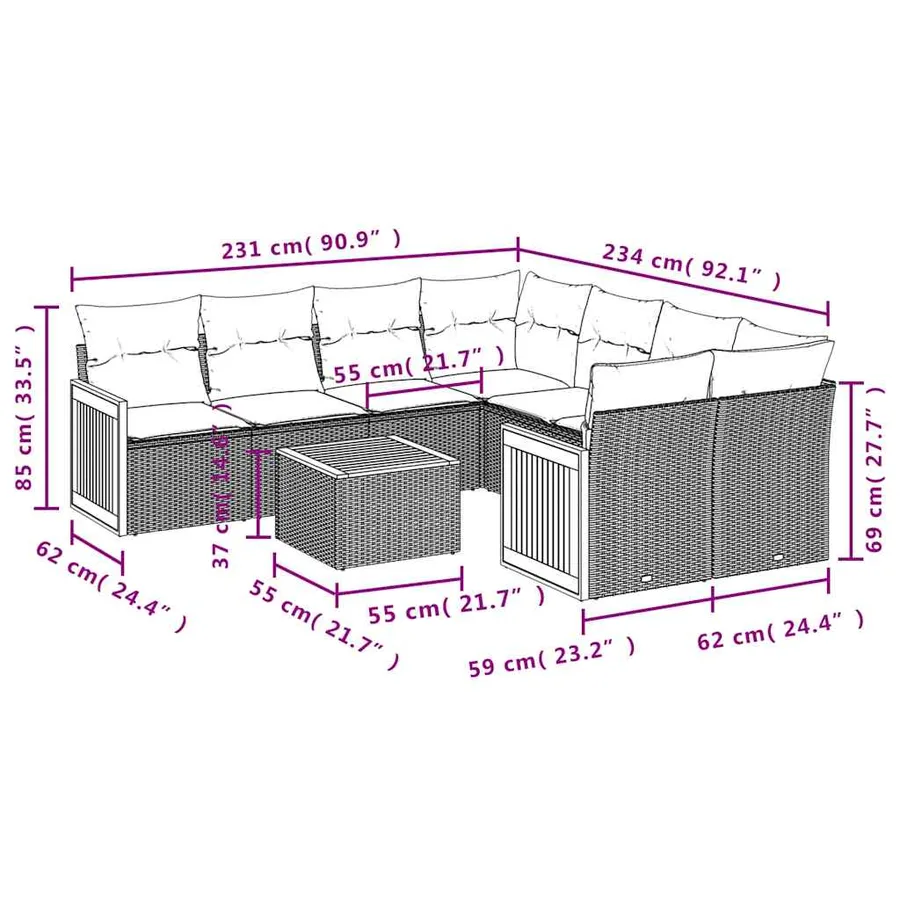 Ensemble de canapé de jardin 9 pcs avec coussins noir résine tressée - 8