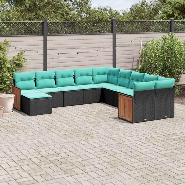 Salon de jardin 11 pcs avec coussins noir résine tressée