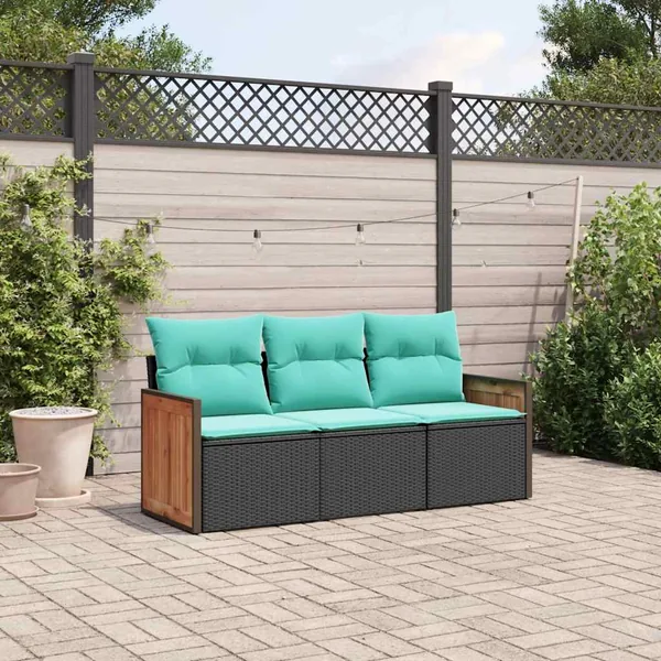 Salon de jardin 3 pcs avec coussins noir résine tressée