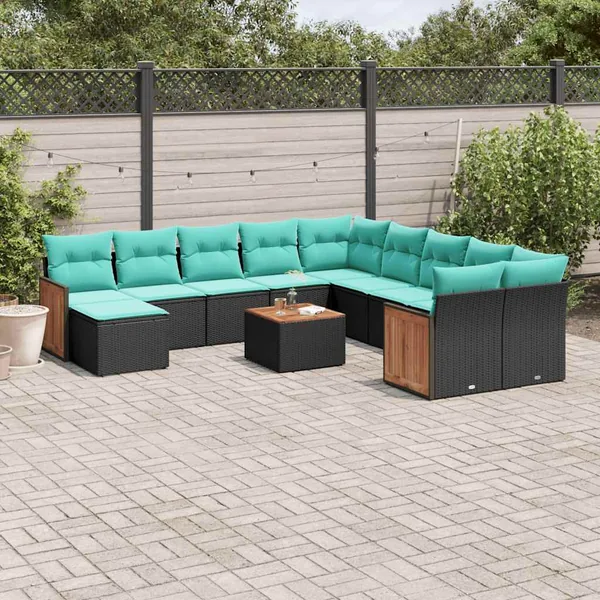 Ensemble de canapé de jardin 12 pcs avec coussins noir résine tressée