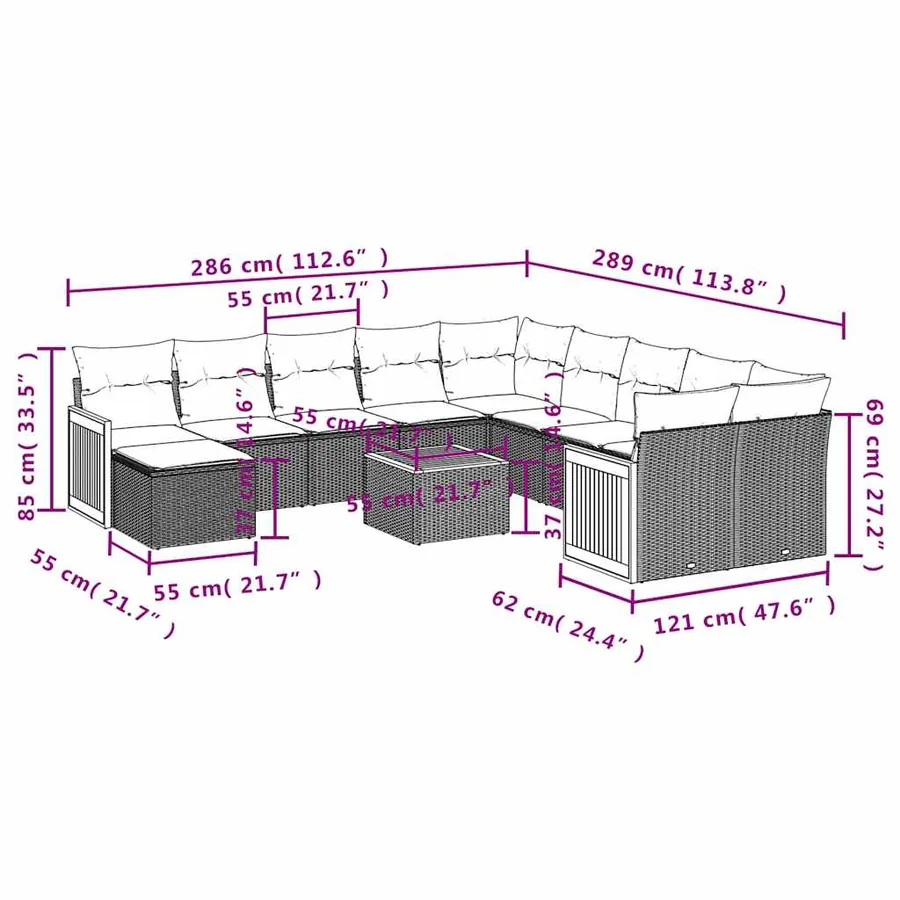 Ensemble de canapé de jardin 12 pcs avec coussins noir résine tressée - 9