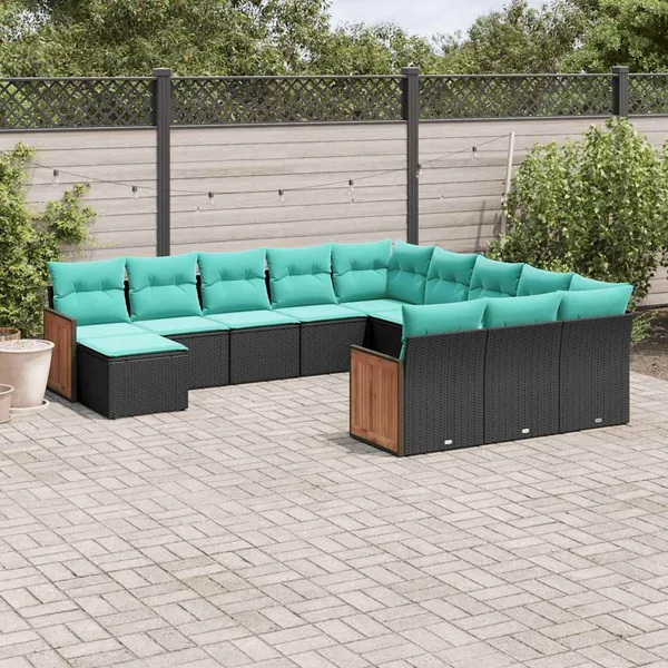 Salon de jardin avec coussins 12 pcs noir résine tressée