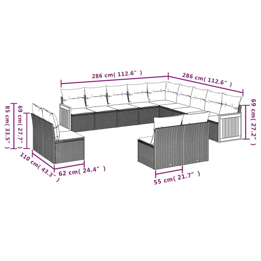 Salon de jardin avec coussins 13 pcs noir résine tressée - 7