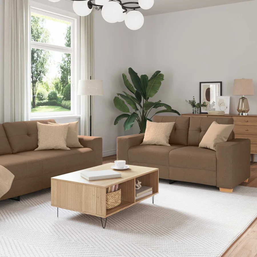 Ensemble canapé 2 pièces avec coussins marron tissu