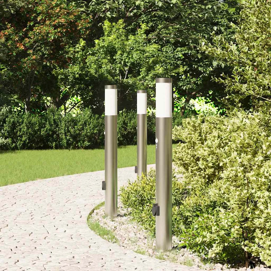 Bornes lumineuses avec détecteur et prise lot de 3 80 cm acier inoxydable IP44 - 3