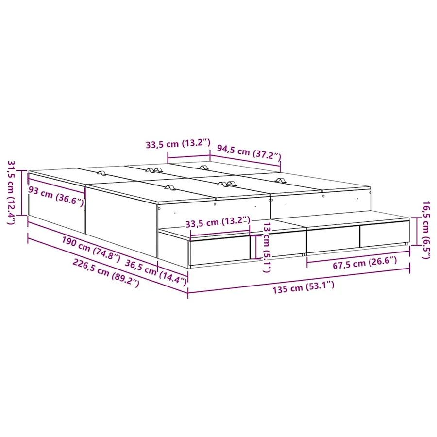 Cadre de lit avec rangement avec tiroir Gris Sonoma 135 cm - 15
