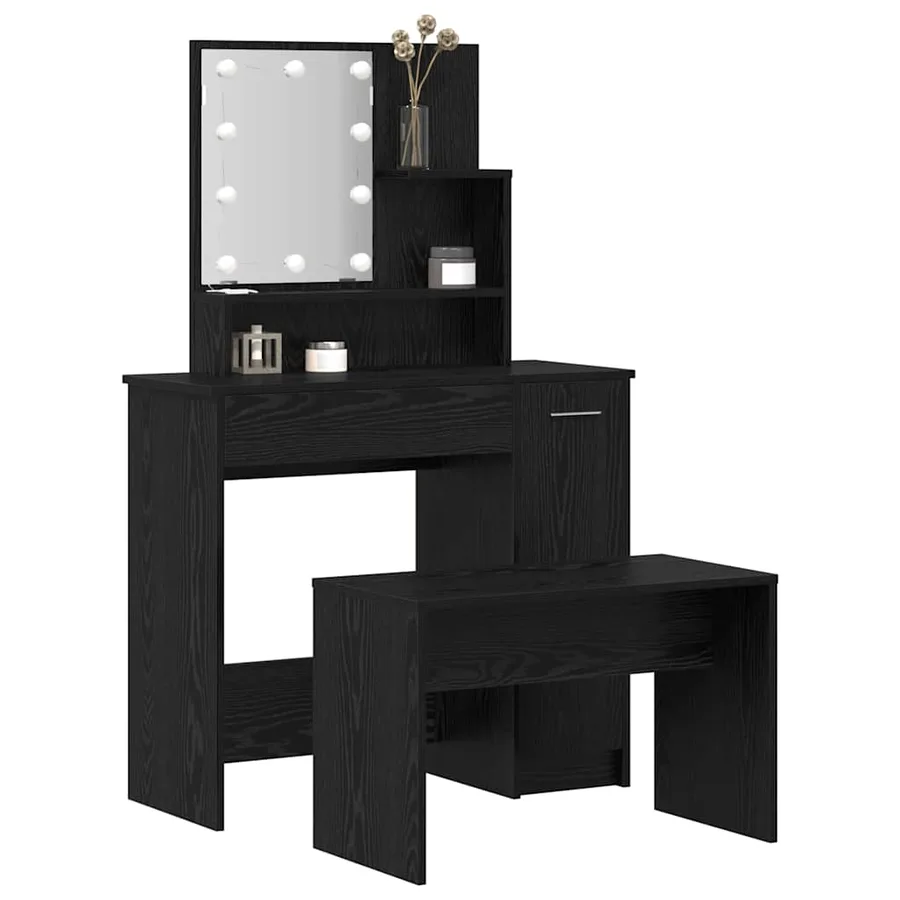 Ensemble de table de maquillage LED avec porte 2 pcs Chêne noir - 3