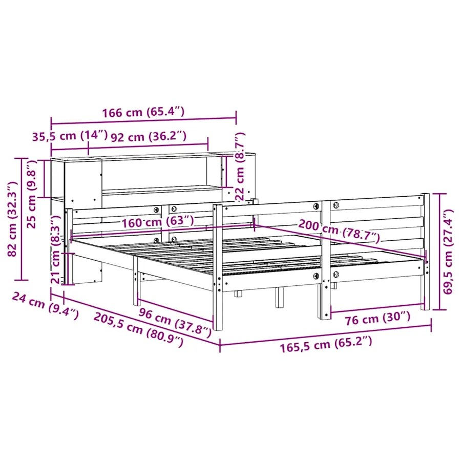 Lit bibliothèque sans matelas 160x200 cm bois massif de pin - 11