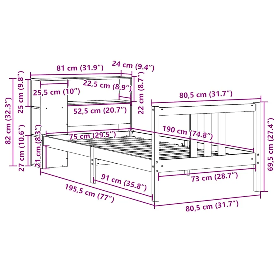 Lit bibliothèque sans matelas 75x190 cm bois de pin massif - 11