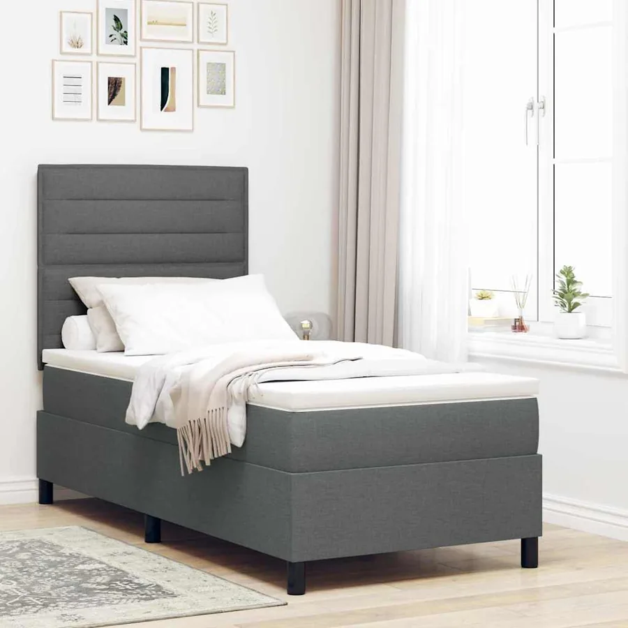 Lit à ressorts avec matelas Gris foncé 100 x 200 cm tissu