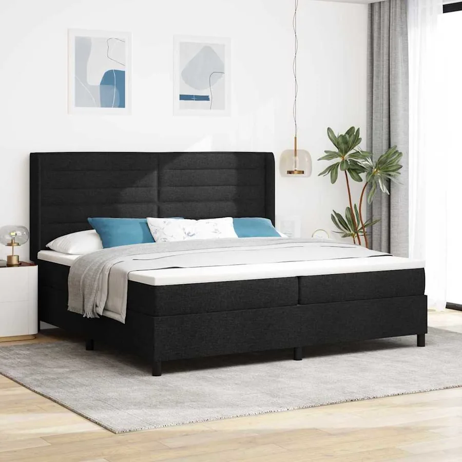 Lit à ressorts avec matelas Noir 200 x 200 cm tissu