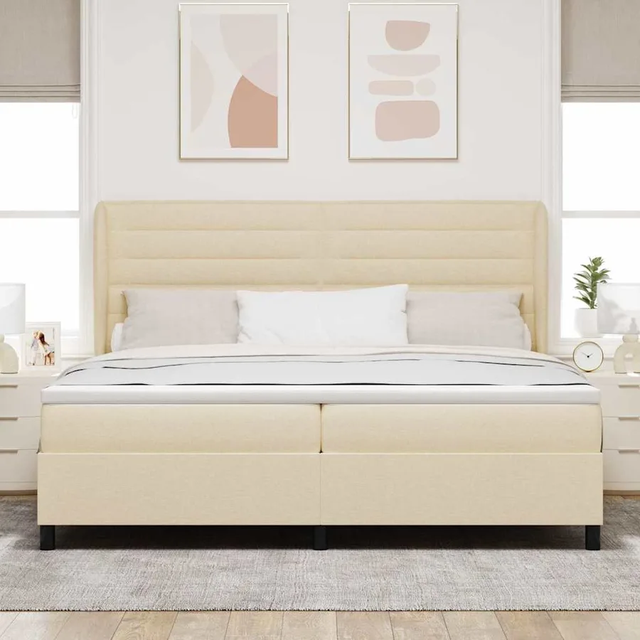 Lit à ressorts avec matelas Crème 200 x 200 cm tissu - 3