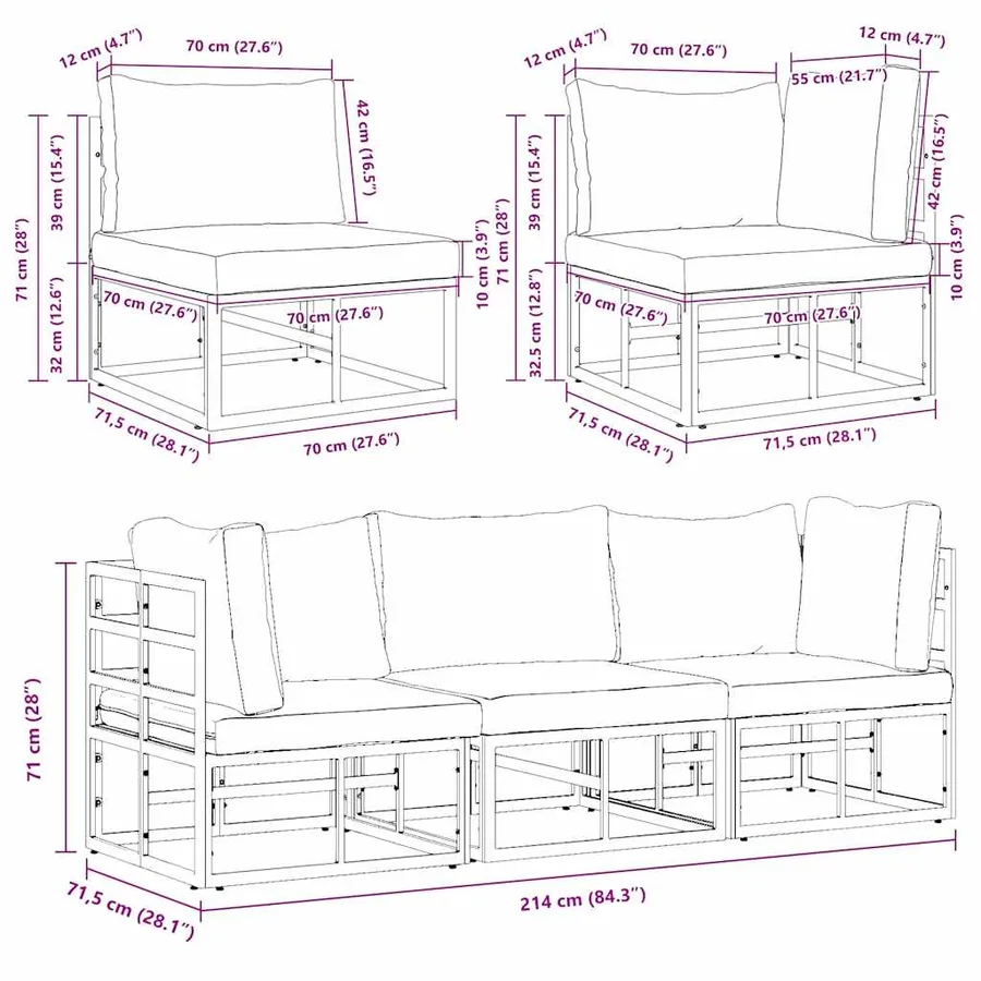 Mobilier de jardin 3 Pièce Noir et anthracite Métal - 13