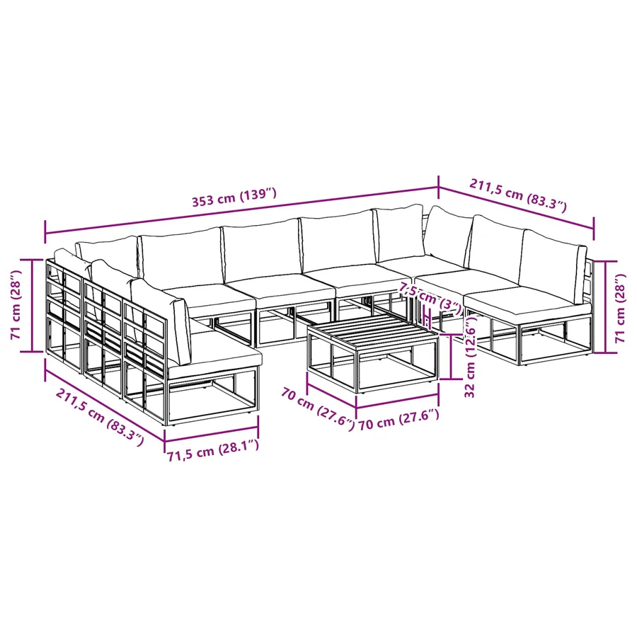Ensemble de canapé de jardin avec coussin 10 pcs Noir Aluminium - 14