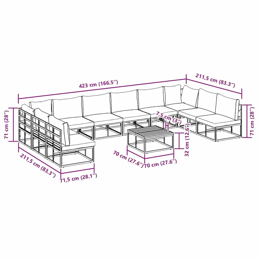 Ensemble de canapé de jardin avec coussin 11 pcs Noir Aluminium - 12