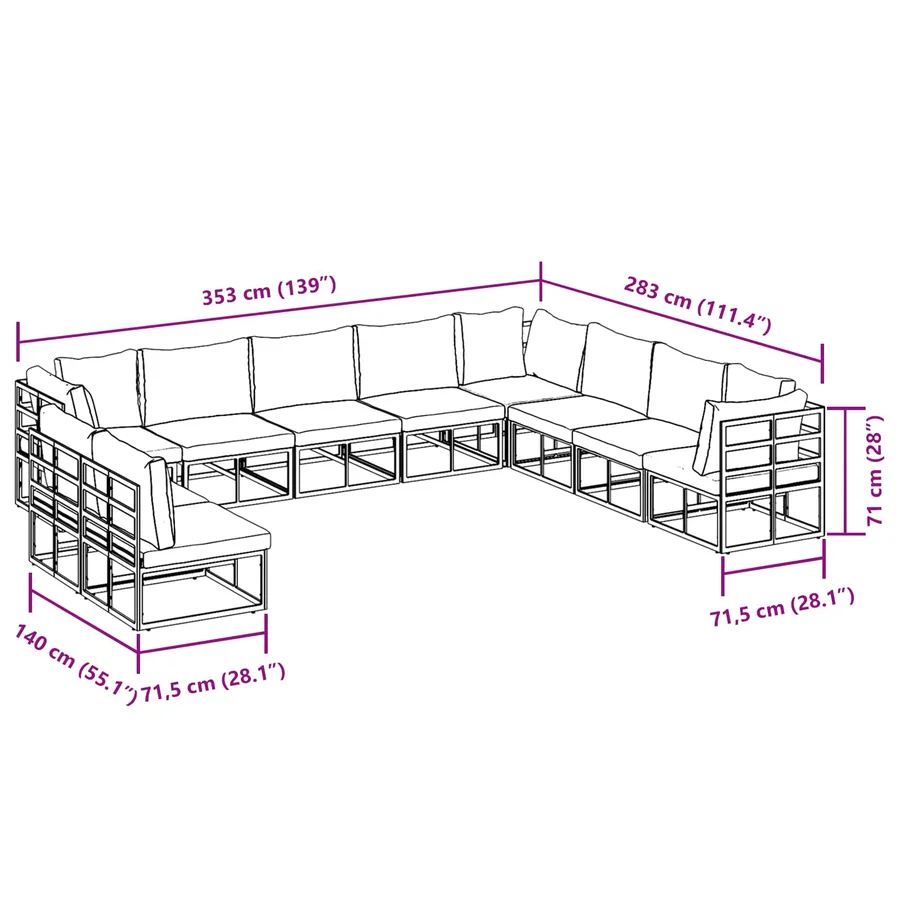 Ensemble de canapé de jardin avec coussin 10 pcs Noir Aluminium - 13