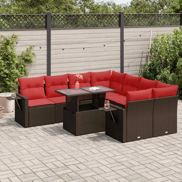 Salon de jardin avec coussins 9 pcs marron résine tressée acacia