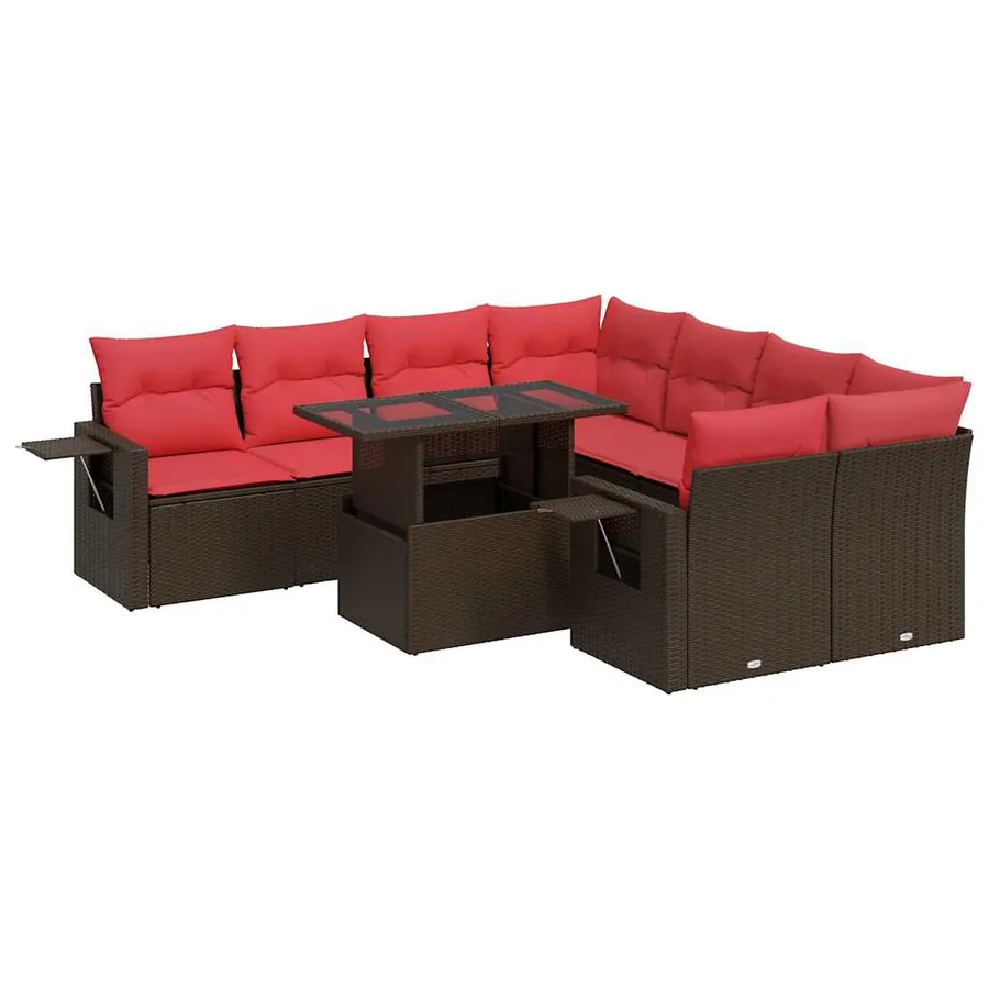 Salon de jardin avec coussins 9 pcs marron résine tressée acacia - 2