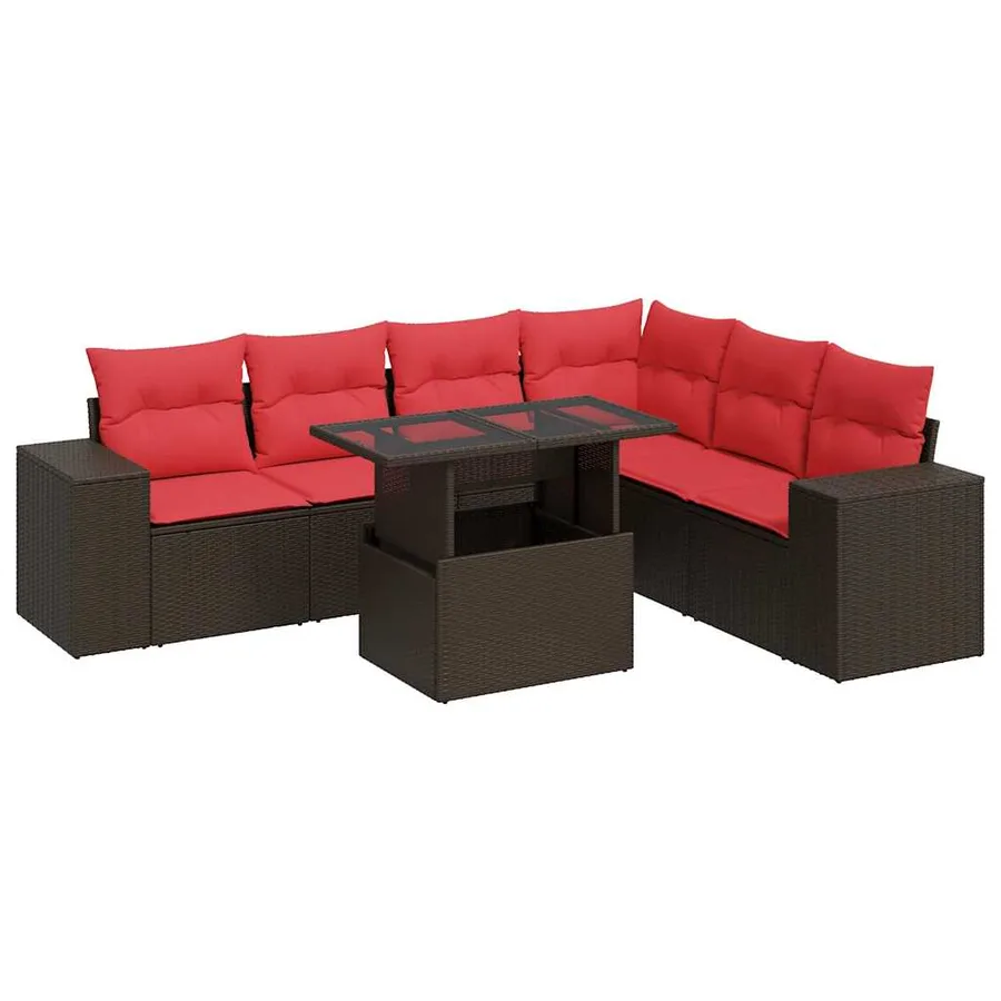 Salon de jardin et coussins 7 pcs marron résine tressée acacia - 2