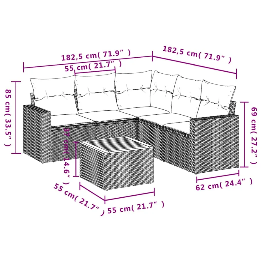 Salon de jardin 6 pcs avec coussins gris résine tressée - 12