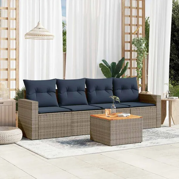 Salon de jardin 5 pcs avec coussins gris résine tressée