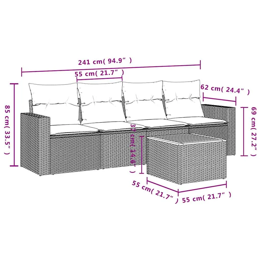 Salon de jardin 5 pcs avec coussins gris résine tressée - 10