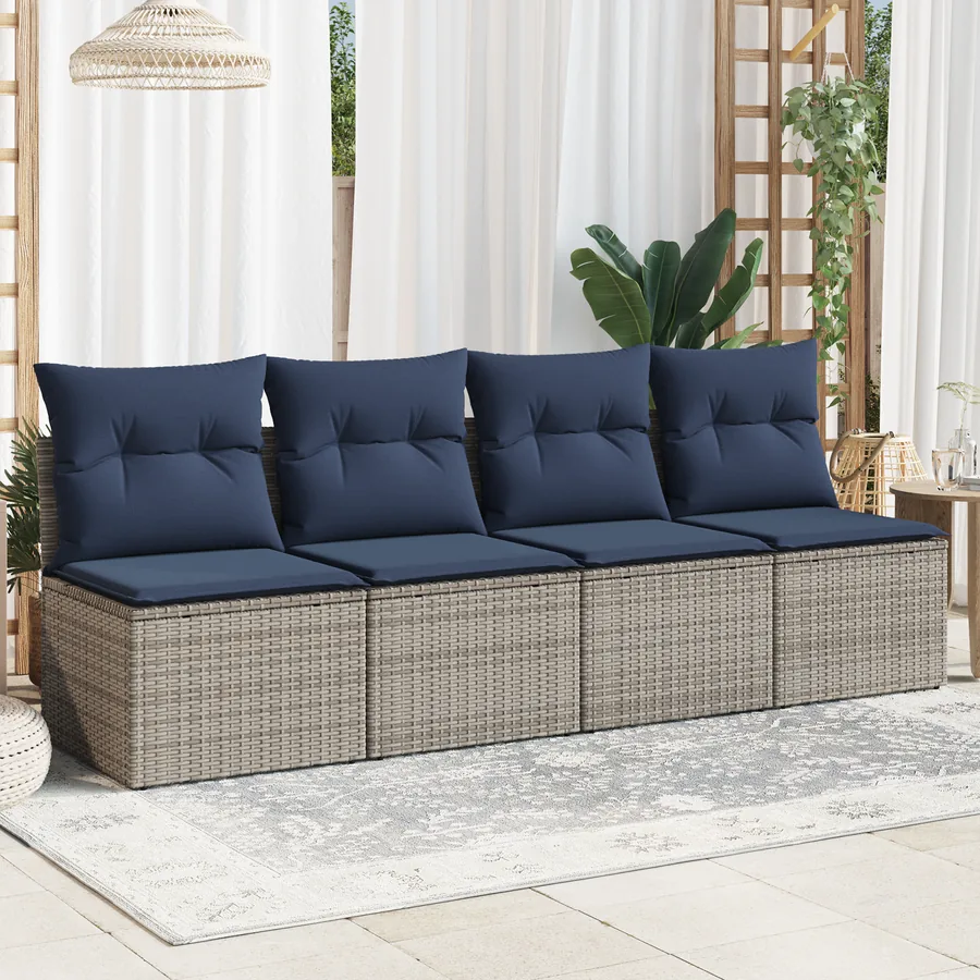 Canapé de jardin 4 places avec coussins gris résine tressée