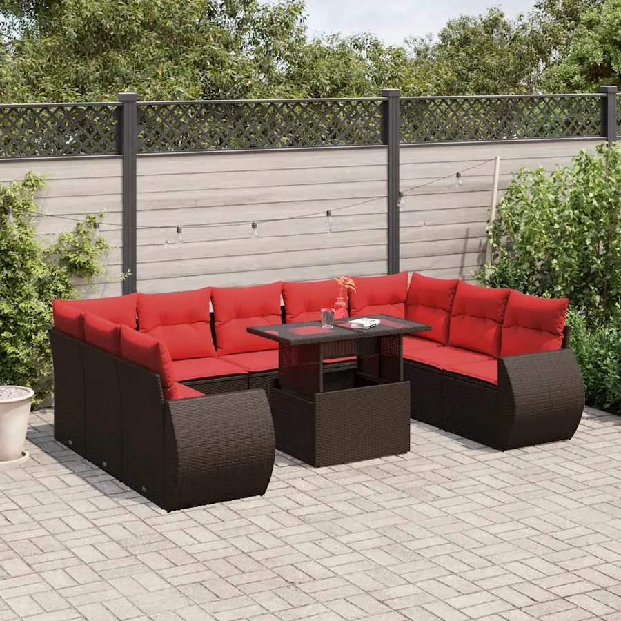 Ensemble de canapé de jardin 10 pcs avec coussins marron résine tressée
