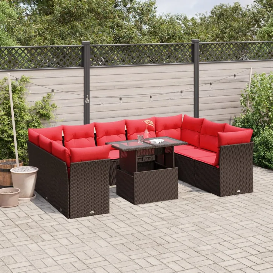 Ensemble de canapé de jardin 10 pcs avec coussins marron résine tressée