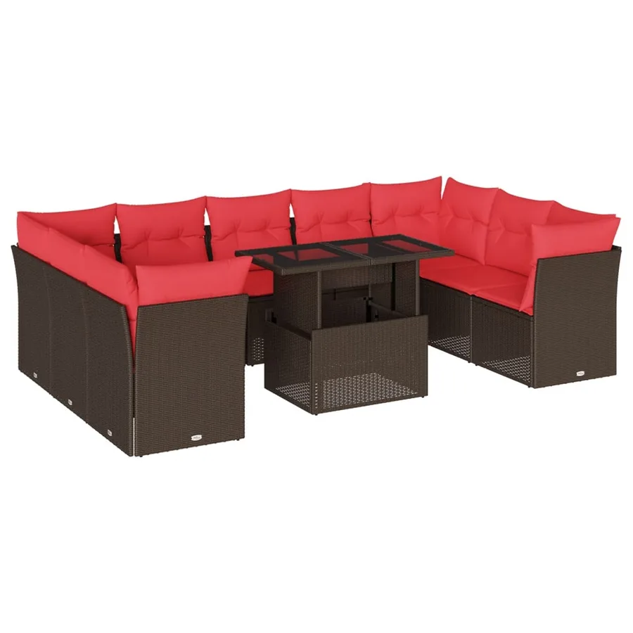 Ensemble de canapé de jardin 10 pcs avec coussins marron résine tressée - 2