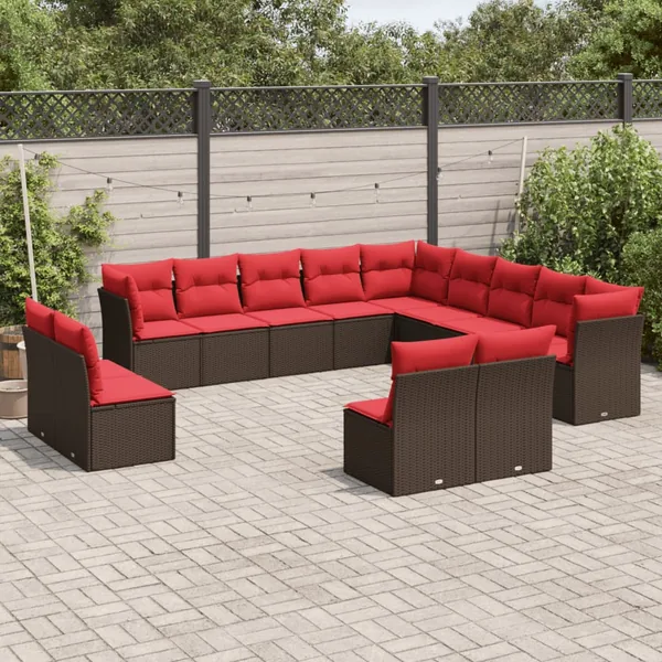 Ensemble de canapé de jardin 13 pcs avec coussins marron résine tressée
