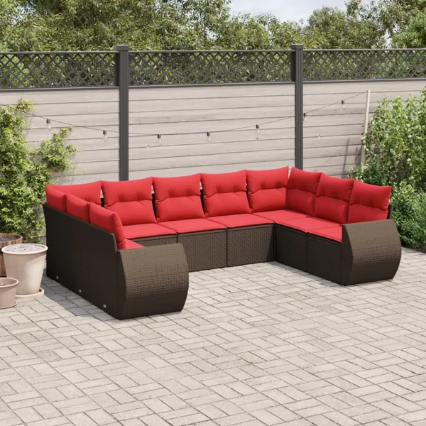 Ensemble de canapé de jardin 9 pcs avec coussins marron résine tressée