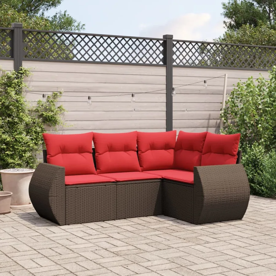 Ensemble de canapé de jardin 4 pcs avec coussins marron résine tressée