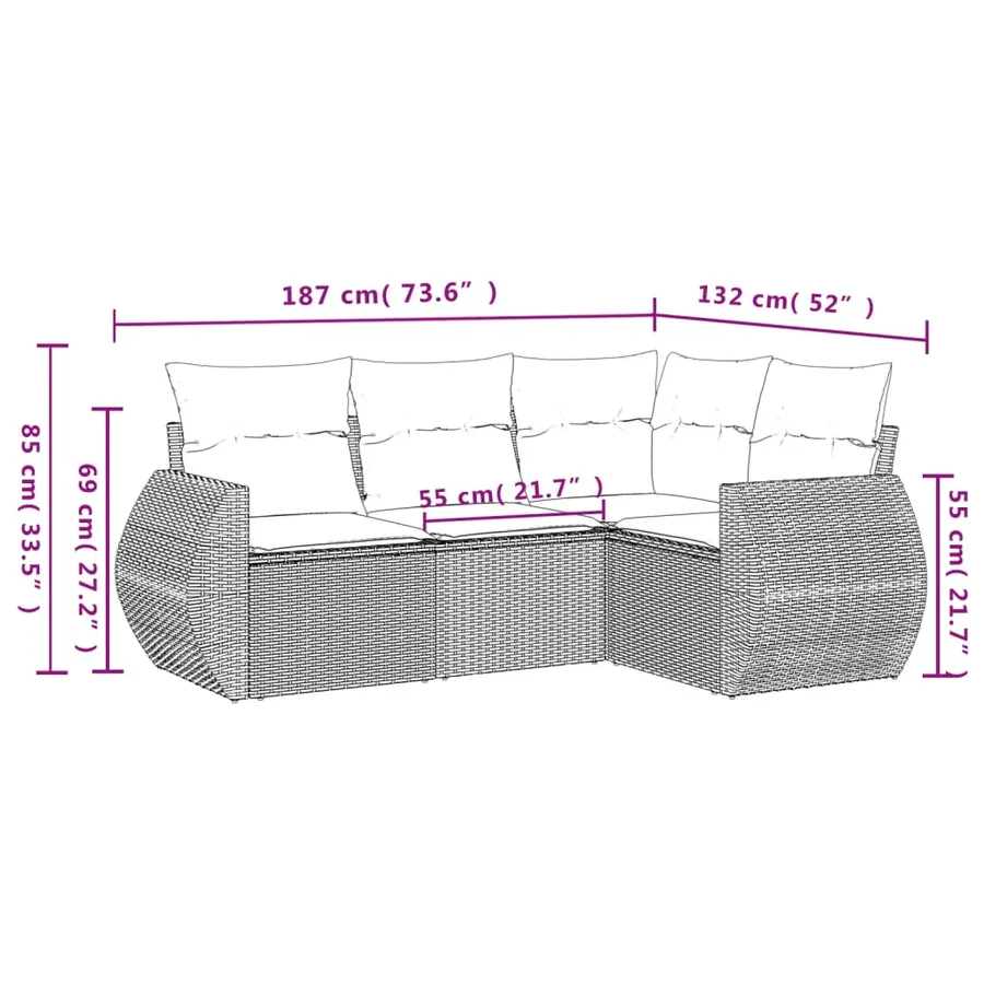 Ensemble de canapé de jardin 4 pcs avec coussins marron résine tressée - 7