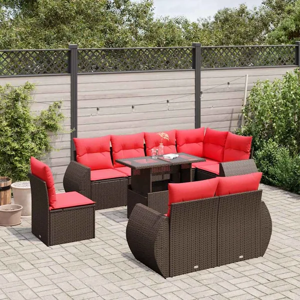Ensemble de canapé de jardin 9 pcs avec coussins marron résine tressée