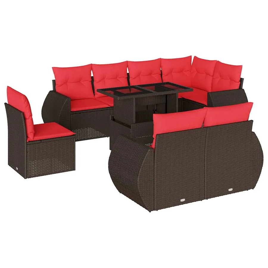 Ensemble de canapé de jardin 9 pcs avec coussins marron résine tressée - 2