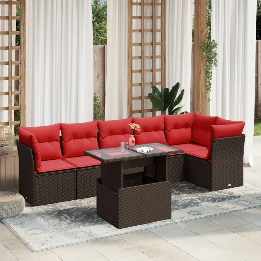 Ensemble de canapé de jardin 7 pcs avec coussins marron résine tressée