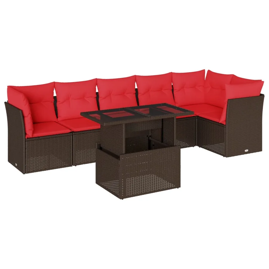 Ensemble de canapé de jardin 7 pcs avec coussins marron résine tressée - 2