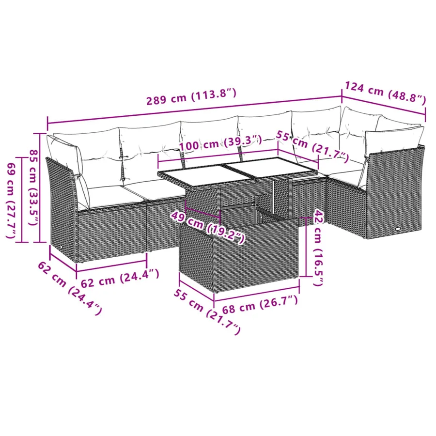 Ensemble de canapé de jardin 7 pcs avec coussins marron résine tressée - 9
