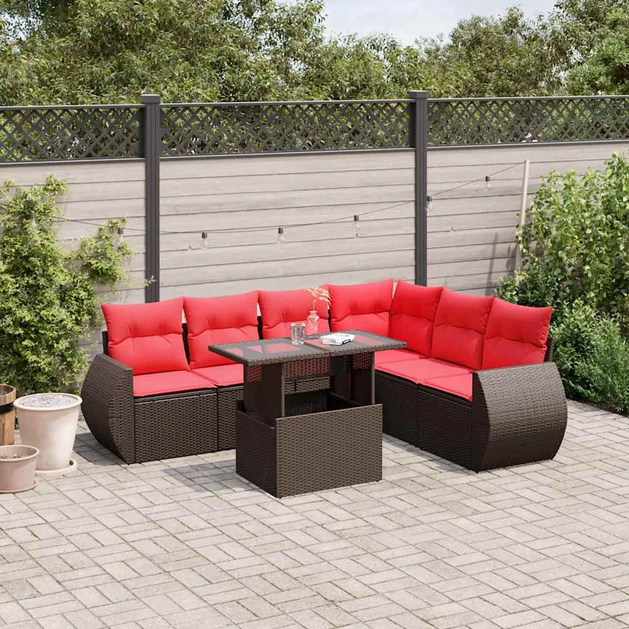 Ensemble de canapé de jardin 7 pcs avec coussins marron résine tressée
