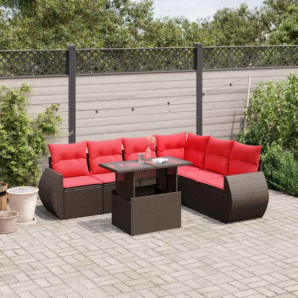 Ensemble de canapé de jardin 7 pcs avec coussins marron résine tressée
