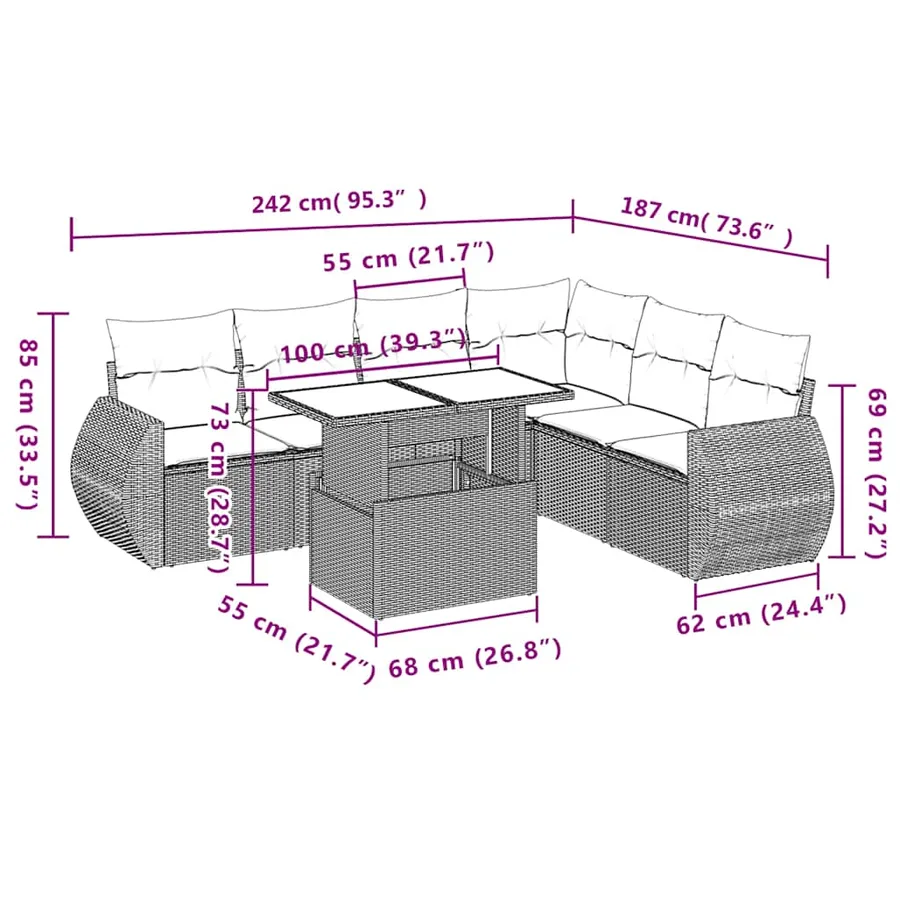 Ensemble de canapé de jardin 7 pcs avec coussins marron résine tressée - 10