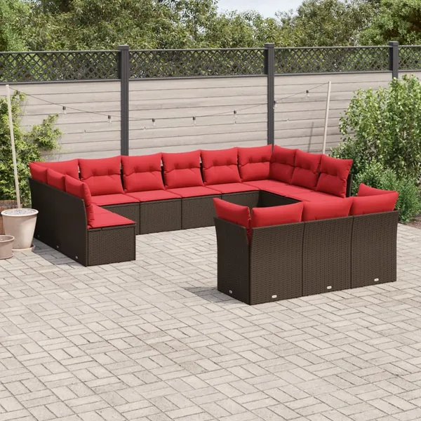 Ensemble de canapé de jardin 13 pcs avec coussins marron résine tressée