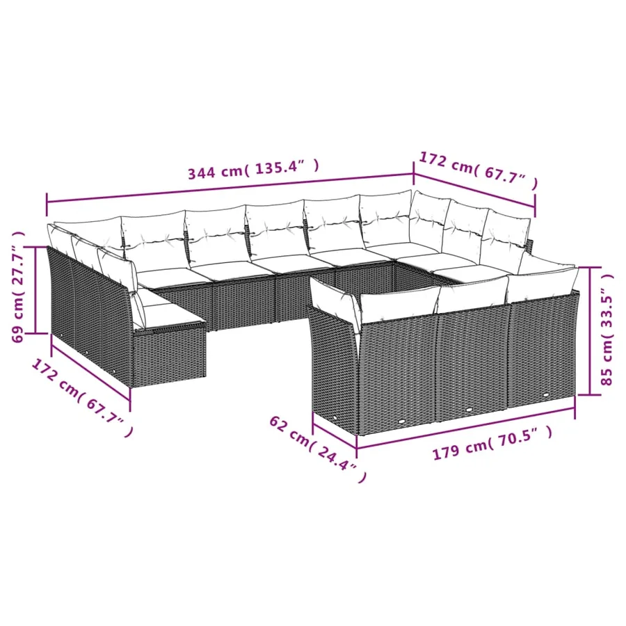 Ensemble de canapé de jardin 13 pcs avec coussins marron résine tressée - 6