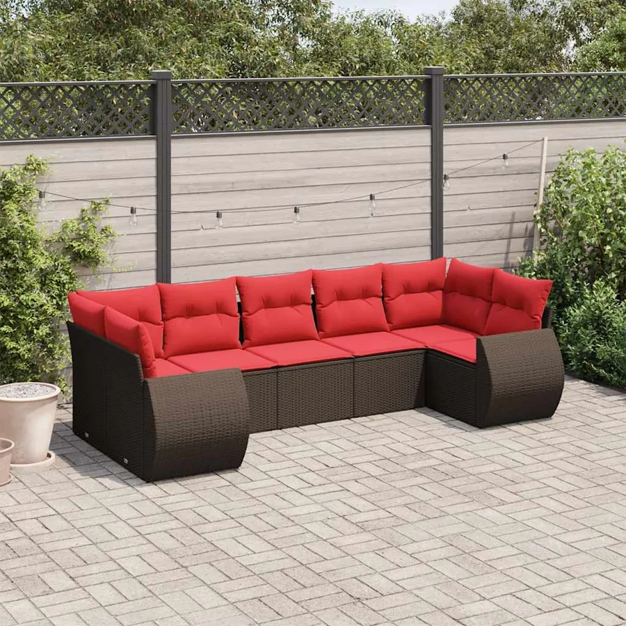 Ensemble de canapé de jardin 7 pcs avec coussins marron résine tressée