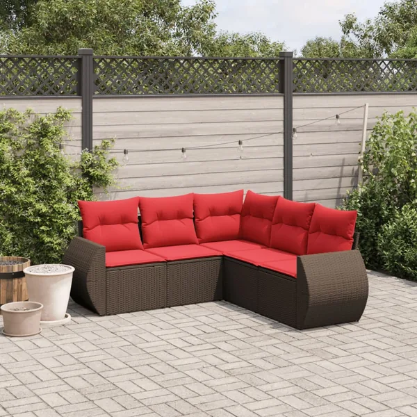 Ensemble de canapé de jardin 5 pcs avec coussins marron résine tressée