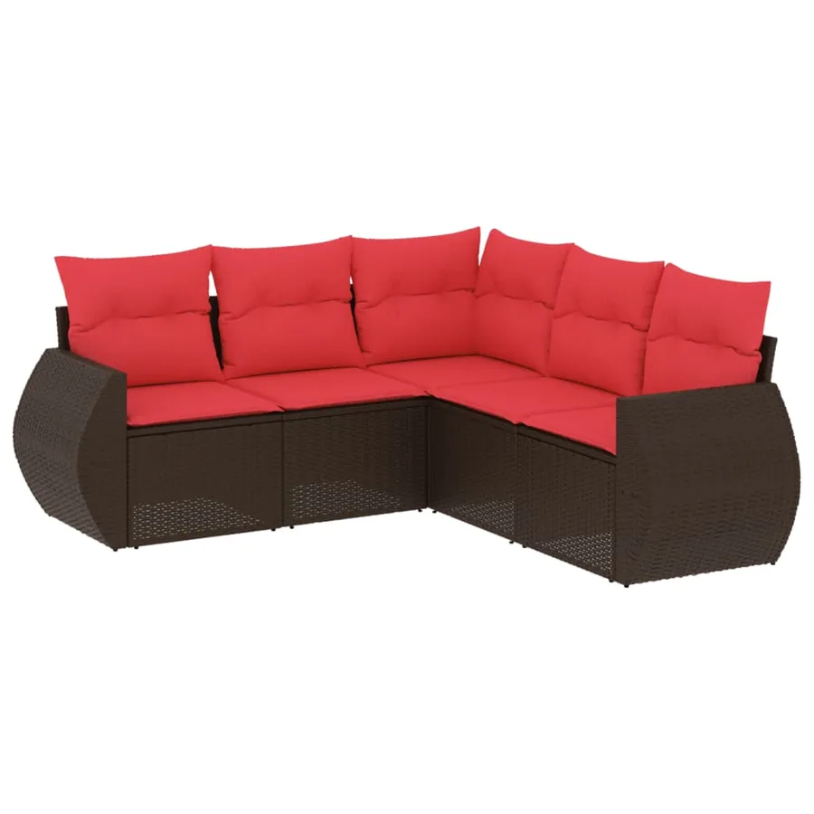 Ensemble de canapé de jardin 5 pcs avec coussins marron résine tressée - 2