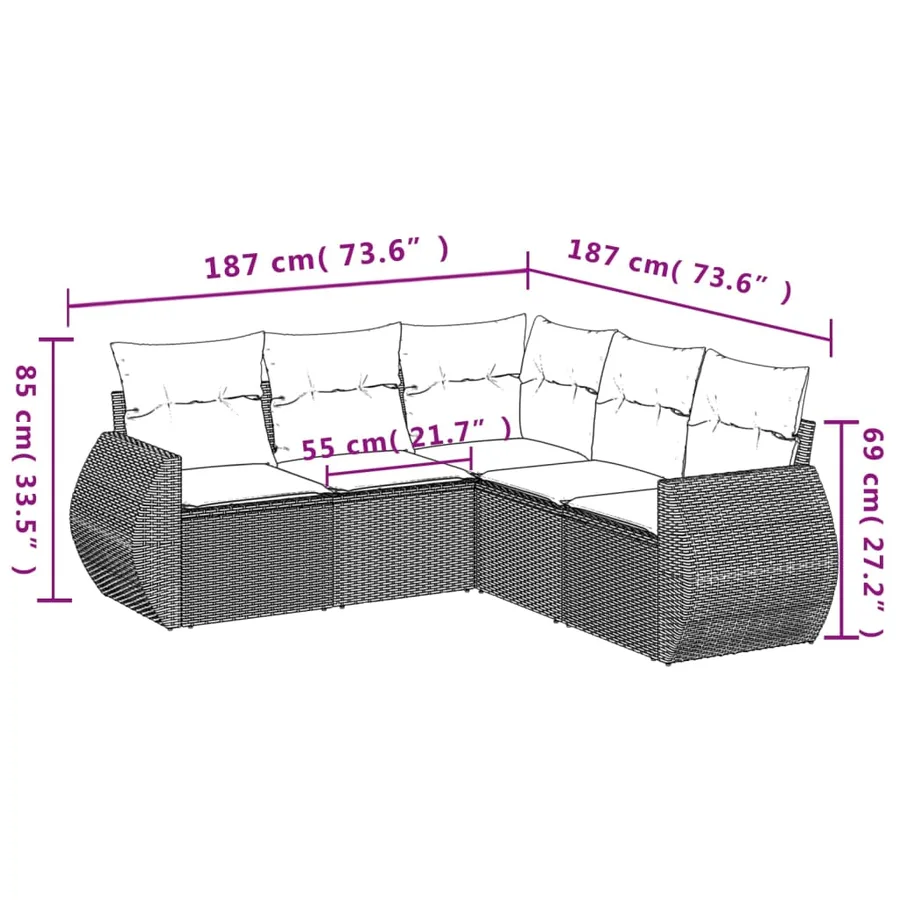 Ensemble de canapé de jardin 5 pcs avec coussins marron résine tressée - 7