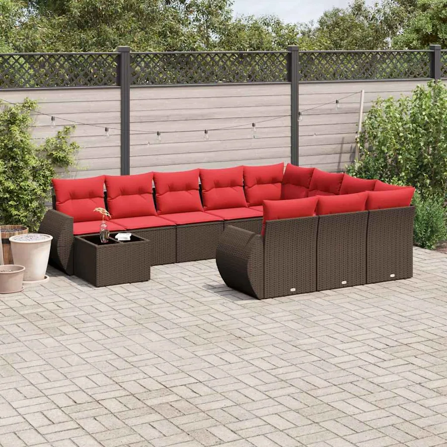 Ensemble de canapé de jardin 11 pcs avec coussins marron résine tressée
