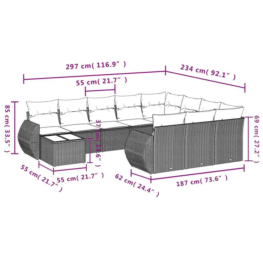 Ensemble de canapé de jardin 11 pcs avec coussins marron résine tressée - 8
